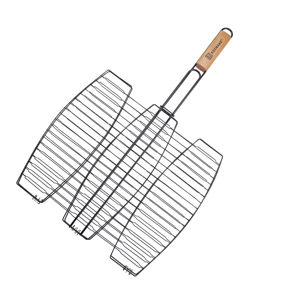 GL-057 3 in 1 fish grill with non-stick coating and natural wooden handle